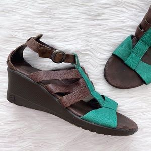 Keen Victoria Brown Green Leather Strappy Wedge Sandals
